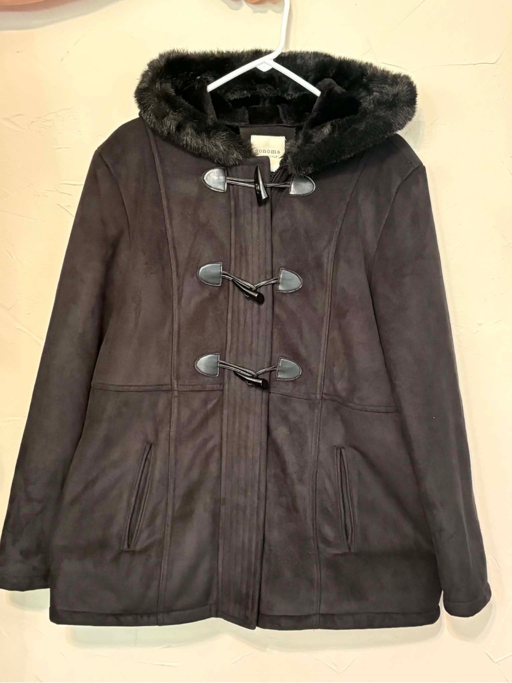 Sonoma Black Faux-Suede Toggle Pea Coat with Faux-Fur Hood